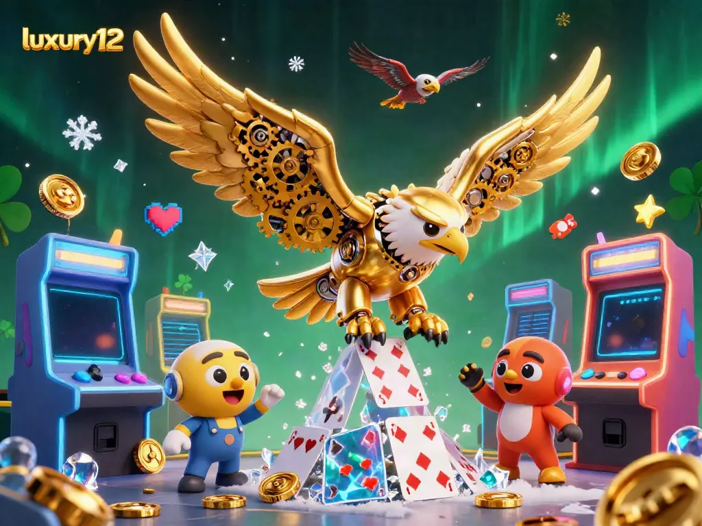 Experience thrilling gaming at luxury12 with a vibrant scene of holographic playing cards and a cybernetic eagle.