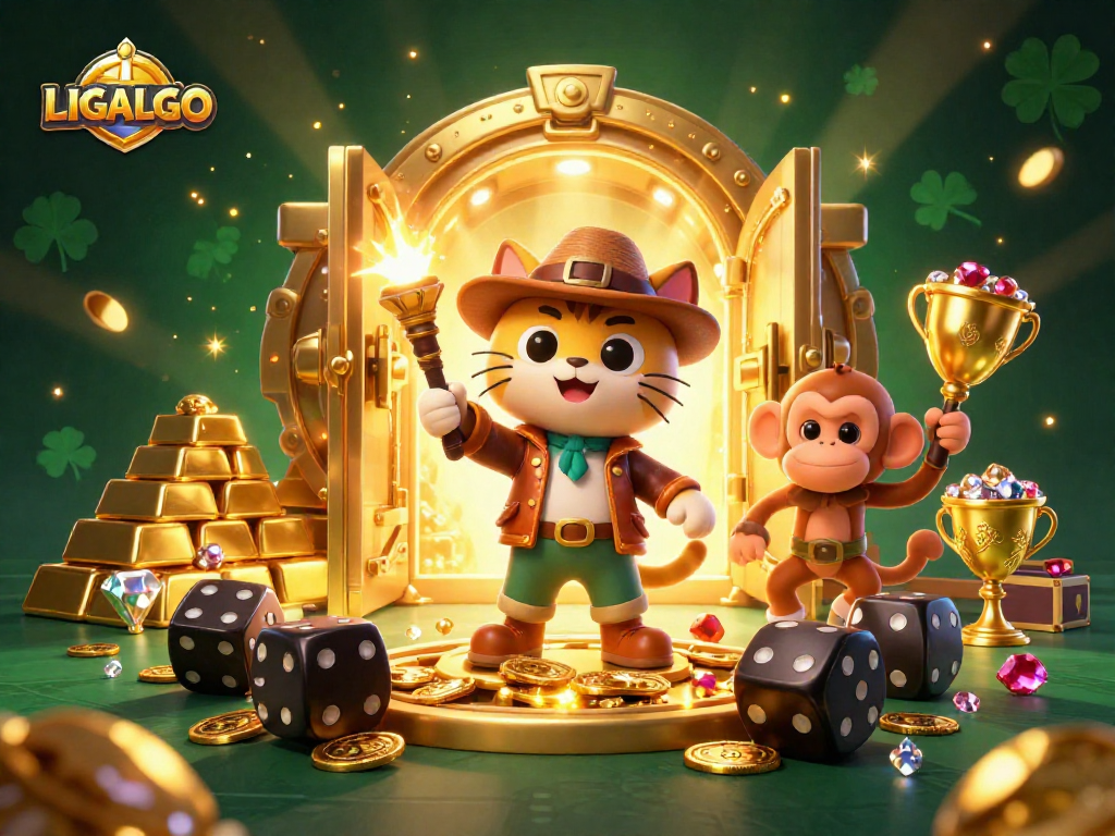 LIGALGO's vibrant 3D casino art showcases a cat archaeologist finding treasures amidst dazzling gems and gold.