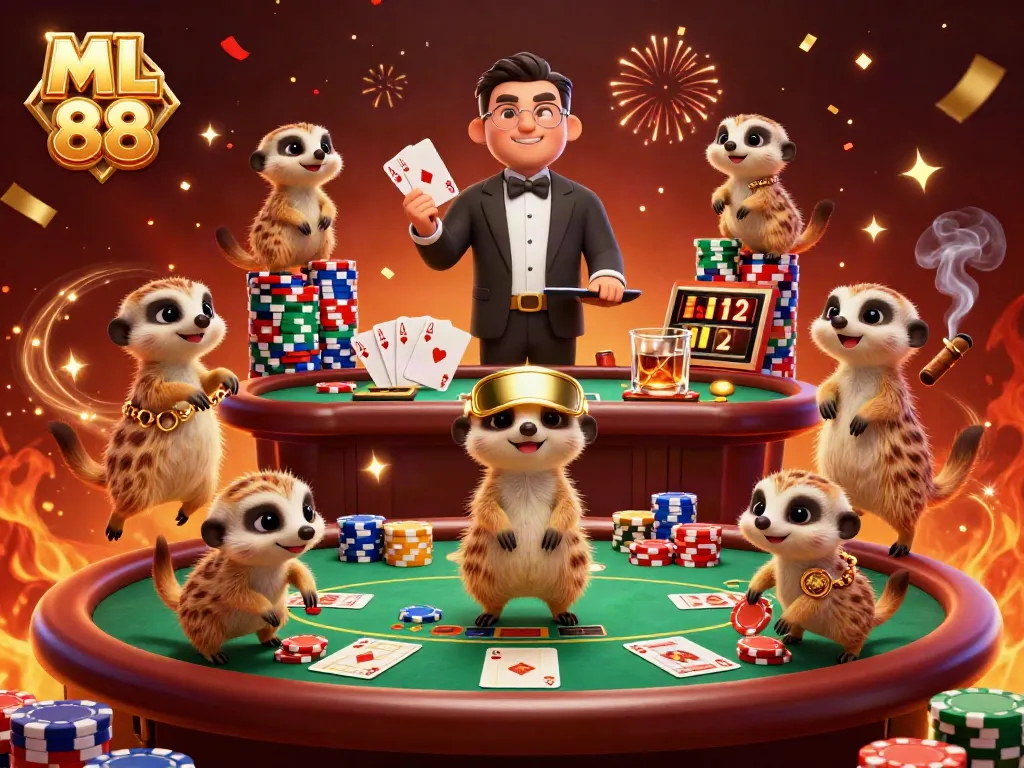 Meerkats run ML 88 casino with colorful poker chips and community cards, creating exciting gameplay.