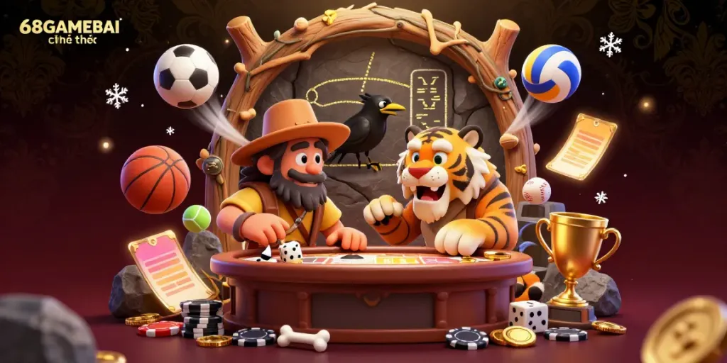 Experience the excitement of 68GAMEBAI chính thức with a caveman and sabertooth tiger duo managing a lively casino.
