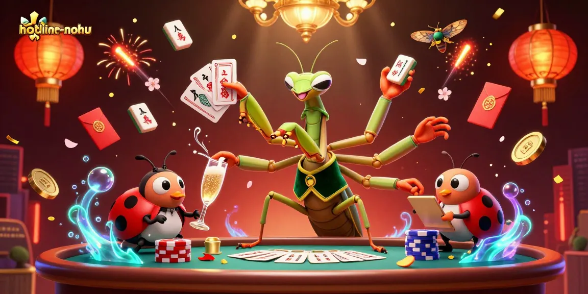 Engage in the thrill of hotline-nohu with a vibrant casino scene featuring a giant mantis card sharp and ladybug pit boss.