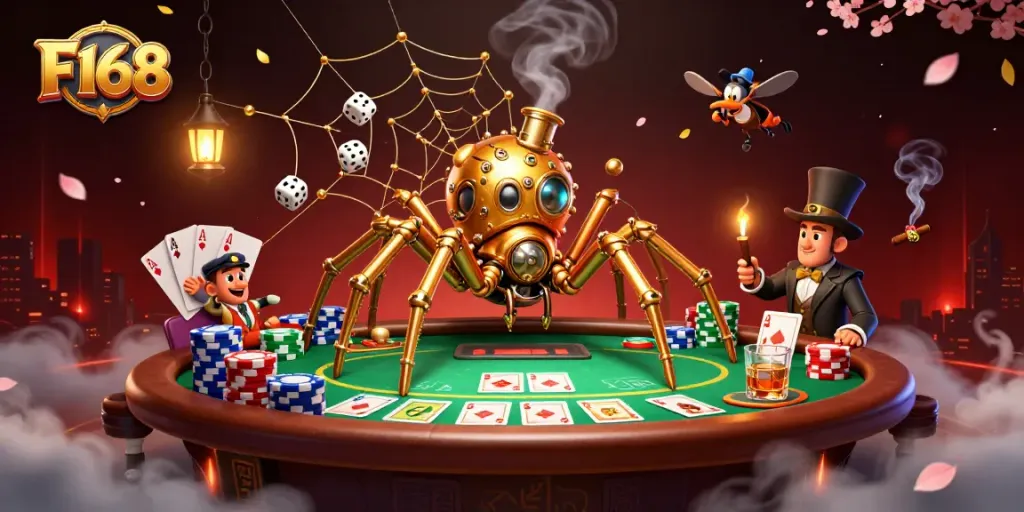 Engage with F168's thrilling world of slots, featuring a captivating steampunk spider and poker elements.