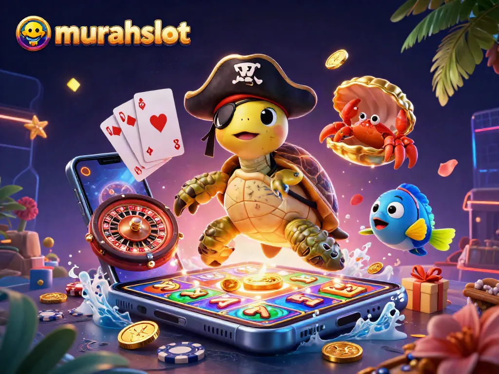 Gambarkan suasana permainan di murahslot dengan karakter kartun 3D bertema kasino dan harta karun.
