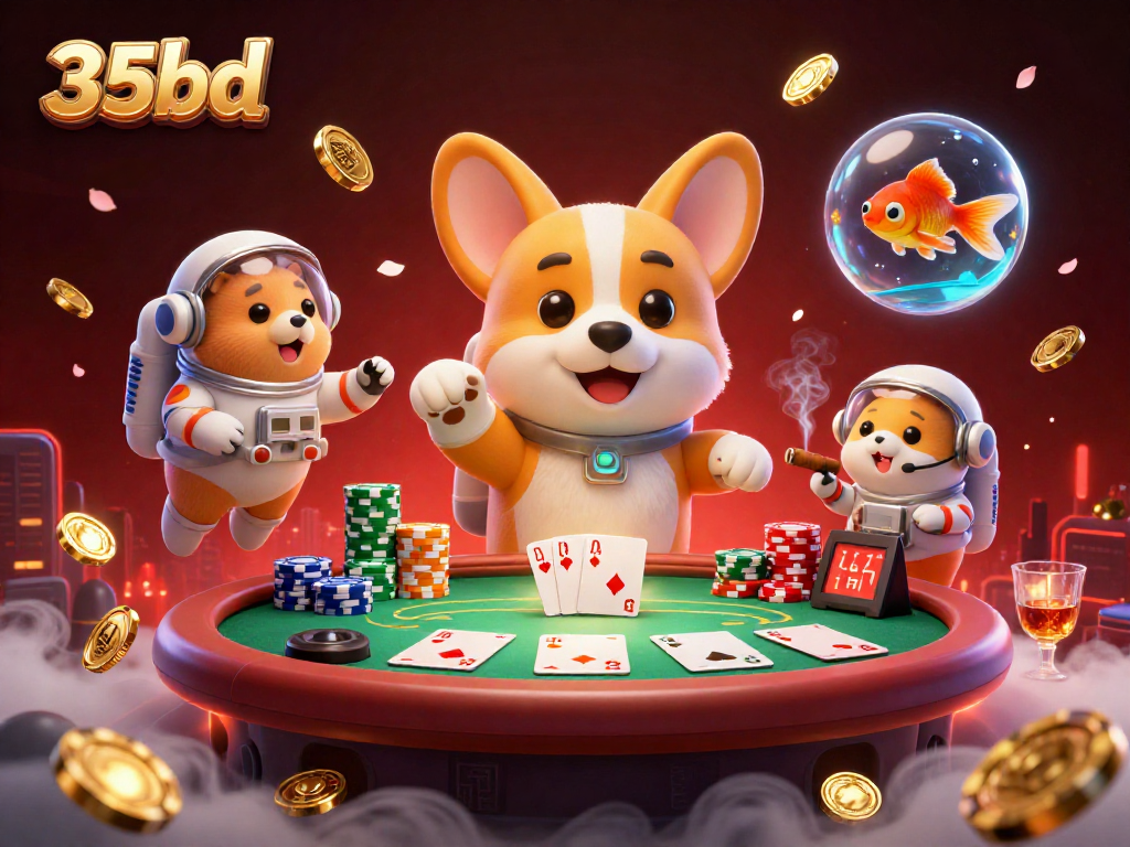 Engage with 35bd in a dynamic casino scene featuring a floating astronaut corgi, poker chips, and golden coins.