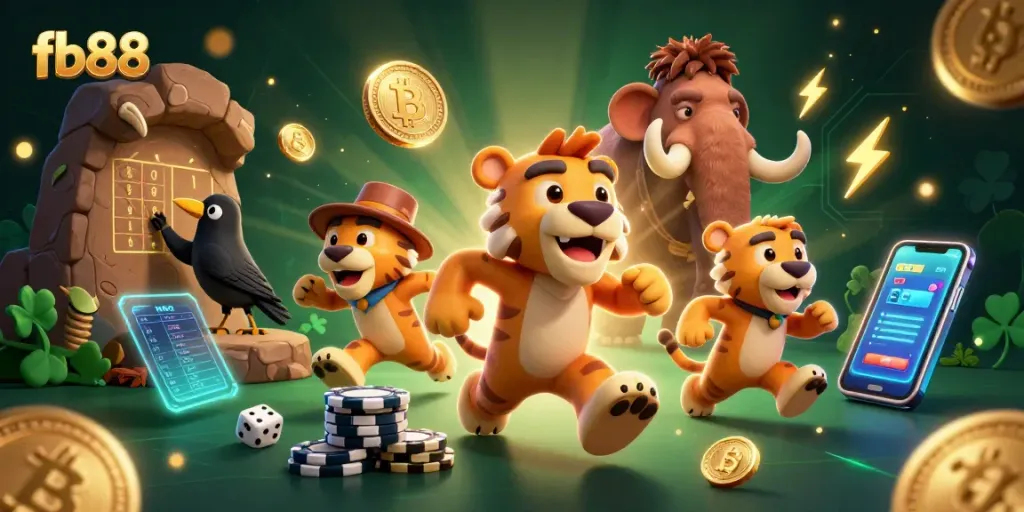 Join the excitement at fb88 with a vibrant 3D casino scene filled with playful characters and cryptocurrency elements.