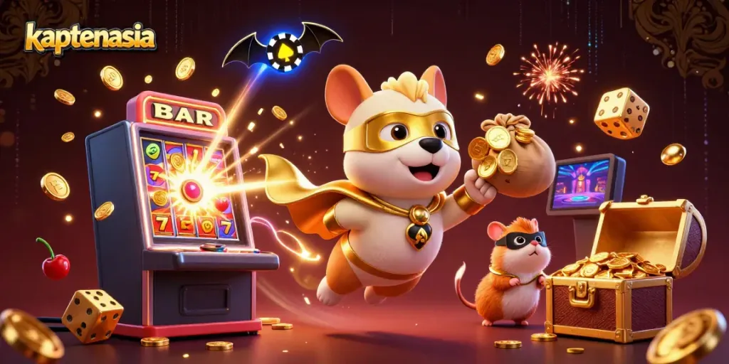 Kaptenasia menghadirkan superhero anjing dengan koin emas di mesin slot yang meledak.