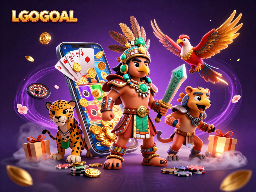 Spin vibrant slot games with LGOGOAL featuring dynamic 3D Aztec characters and rich casino elements.