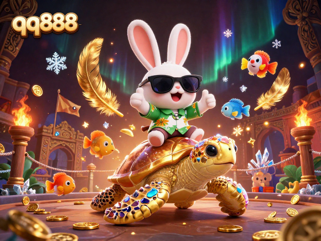 Bet on qq888 with this vibrant 3D scene featuring a cartoon rabbit and turtle showcasing gambling excitement.