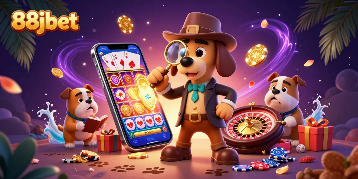 88jbet showcases a 3D detective cartoon scene with poker chips, golden coins, and a lively slot game.