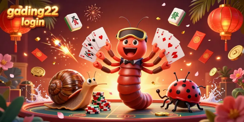Engage with the vibrant gading22 login casino scene showcasing a millipede dealer and a snail high-roller amidst dynamic casino elements.