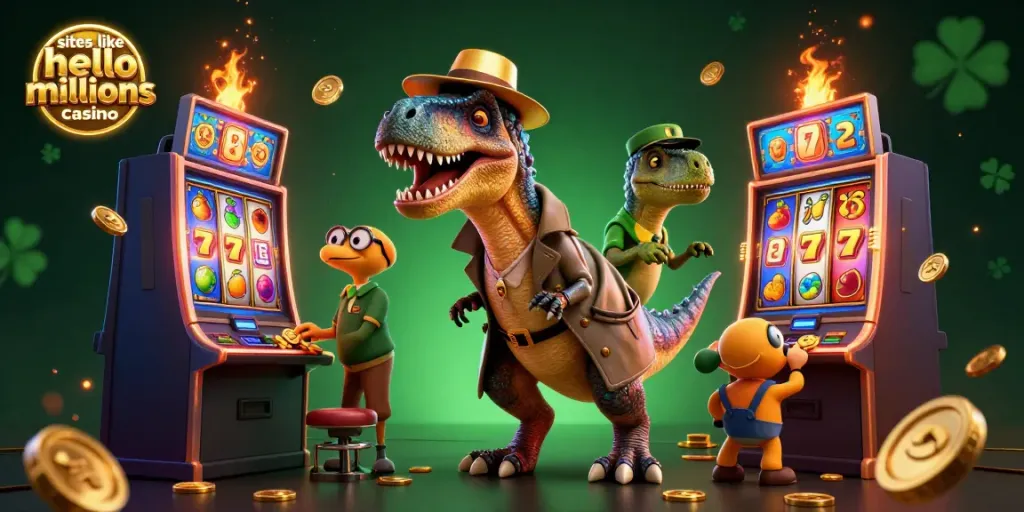 Play exciting games at sites like hello millions casino with colorful slot reels and cartoon characters.