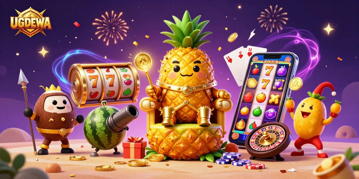 Engage exciting slots gameplay at UGDEWA with a dynamic 3D casino scene featuring vibrant characters.