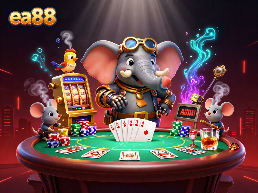 ea88 showcases a steampunk elephant engineer operating a vibrant golden slot machine amidst a lively poker scene