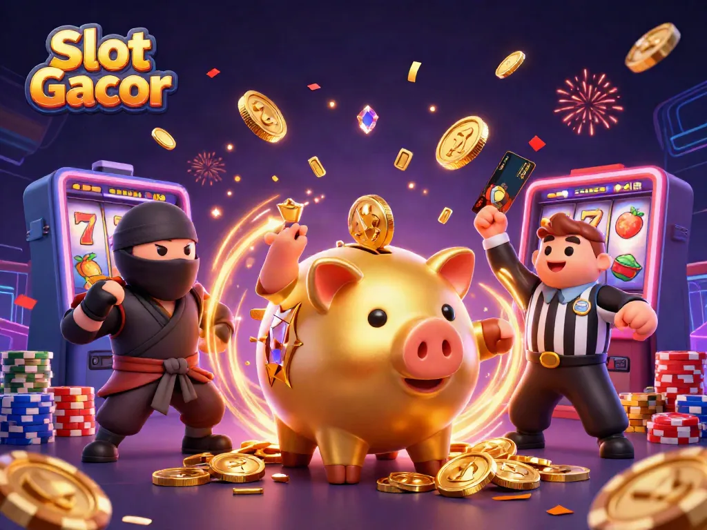 Experience exciting Slot Gacor thrills with our golden piggy bank sumo wrestler amidst dynamic casino elements.