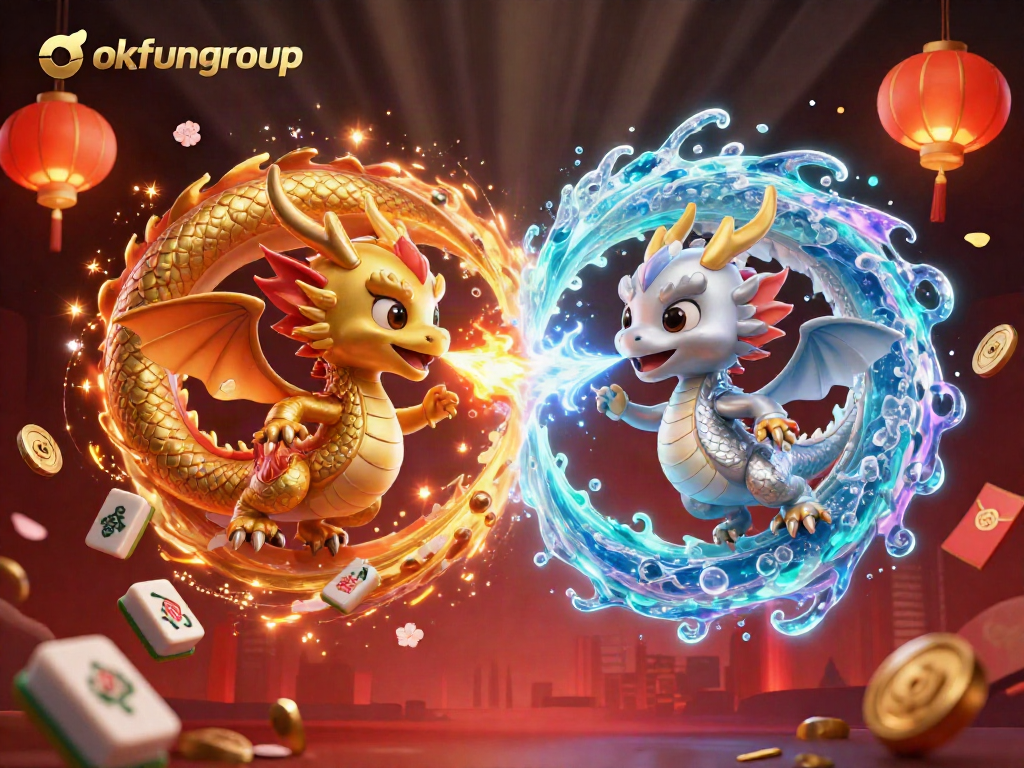 Engage in thrilling games at okfungroup with dragons and casino elements creating a vibrant atmosphere.