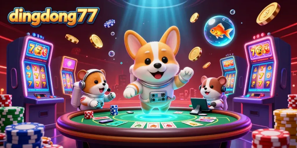 Engage with dingdong77 as a corgi astronaut explores a vibrant casino scene filled with floating poker chips and slot machines.