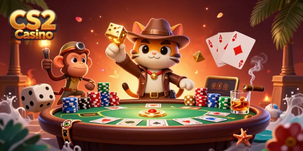 Explore the vibrant CS2 Casino with our illustrated scene featuring an adventurous cat archaeologist.