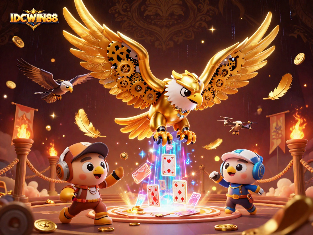 Experience thrilling gameplay with IDCWIN88's vibrant 3D illustration of a cybernetic eagle amidst dynamic casino elements.