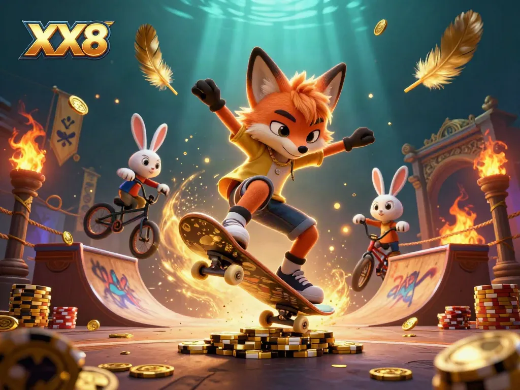 Experience thrilling casino action with the XX8 fox and rabbit amidst shimmering golden elements.