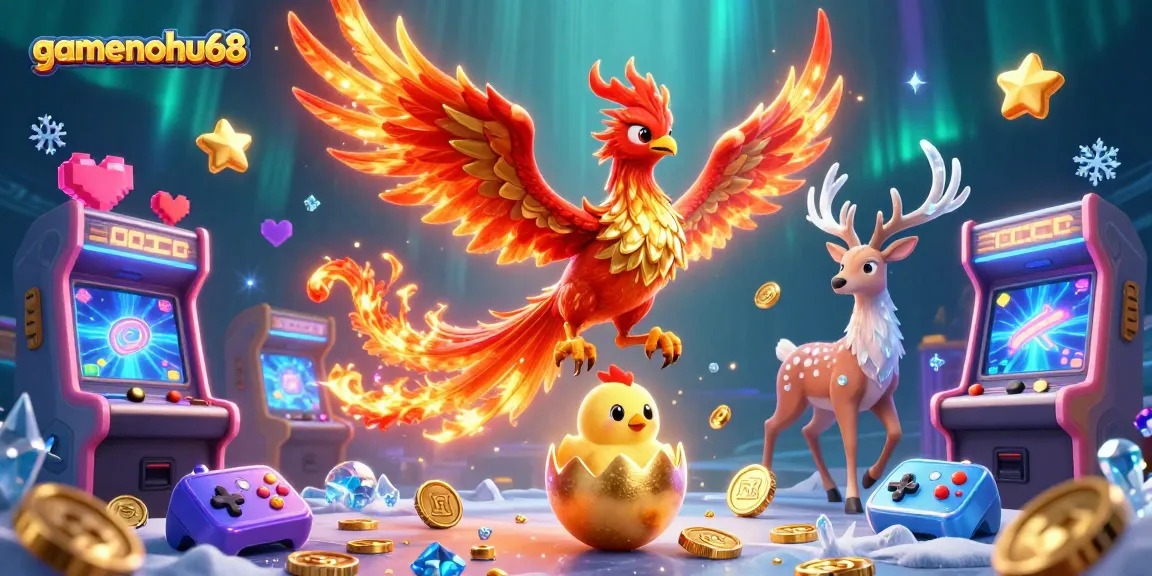 Engage with gamenohu68 in a vibrant casino universe featuring a majestic phoenix and interactive gaming elements.