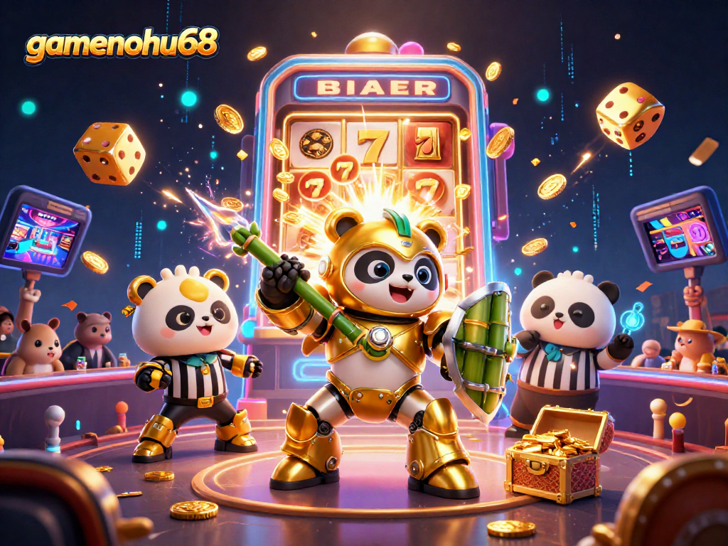 Experience the thrill of gamenohu68 with an action-packed 3D casino arena scene, showcasing a mech-suit panda.