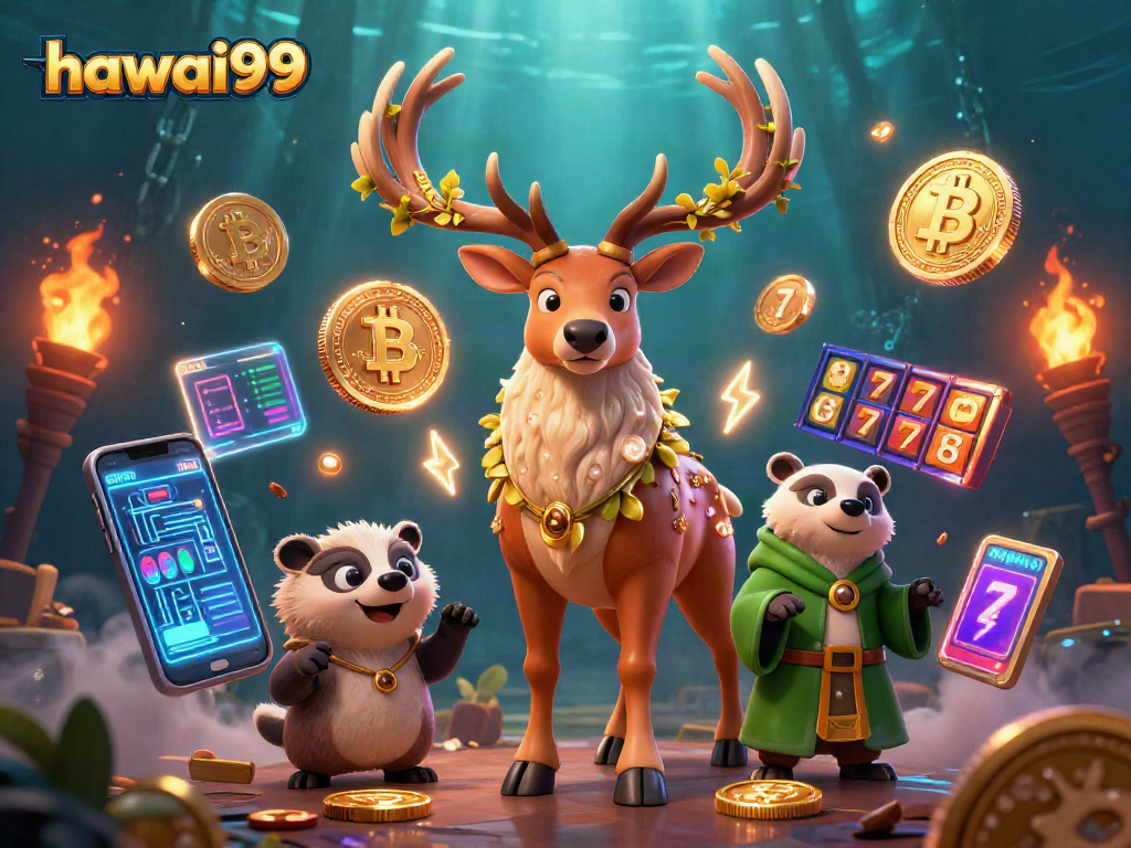 Engage with hawai99's vibrant gaming realm featuring 3D fantasy characters and crypto elements.