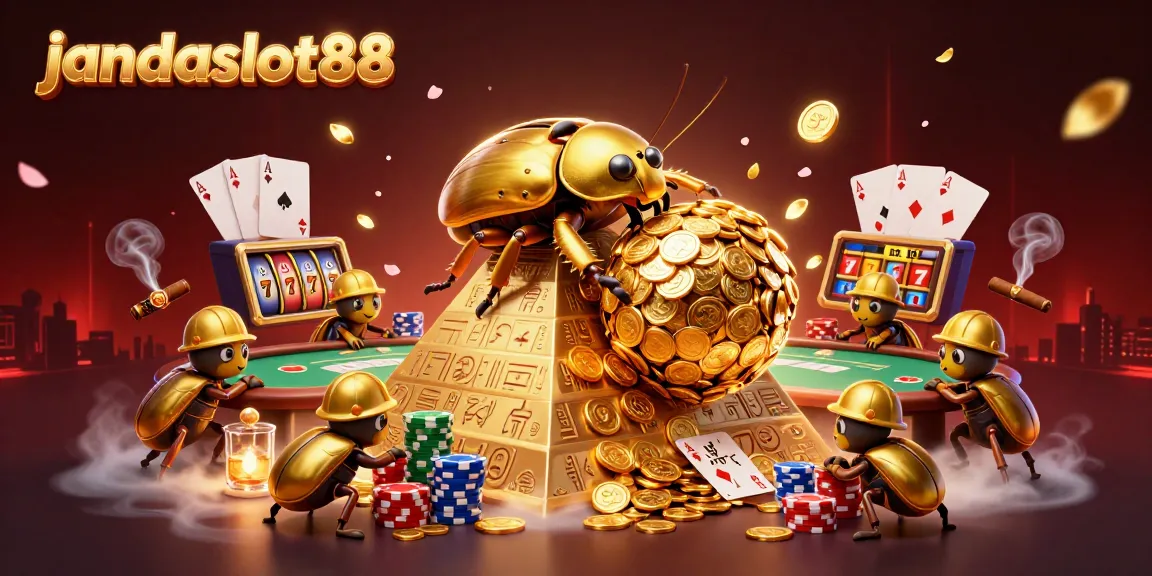 Spin to win at jandaslot88 with golden beetles rolling coins and poker elements in a vibrant casino scene.
