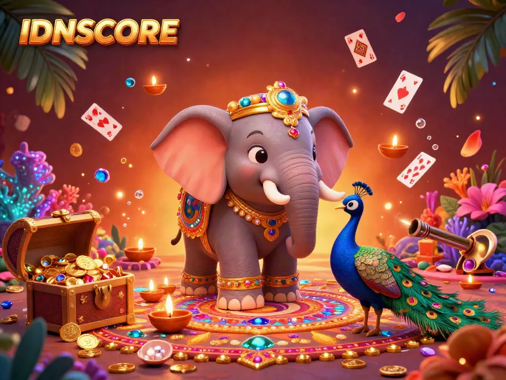 IDNSCORE showcases a colorful gambling-themed illustration with vibrant characters and dynamic gaming elements.
