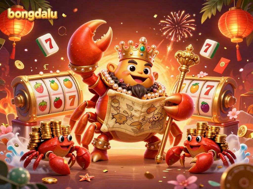 Engage with bongdalu's exciting casino vibe featuring a golden crab emperor amidst dynamic slot gameplay elements.