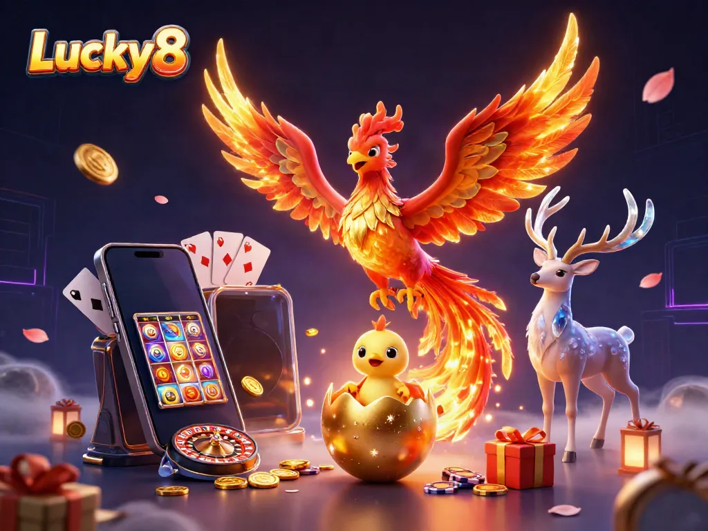 Experience the excitement of Lucky8 with a vibrant phoenix-themed casino scene filled with gaming elements.