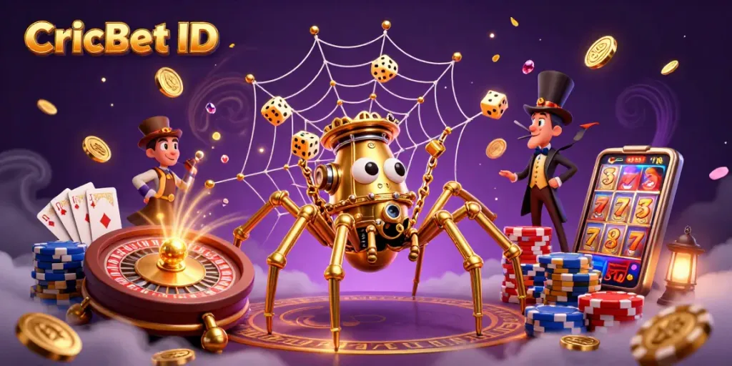 Engage in winning strategies with CricBet ID as a steampunk spider catches dice in its golden web.