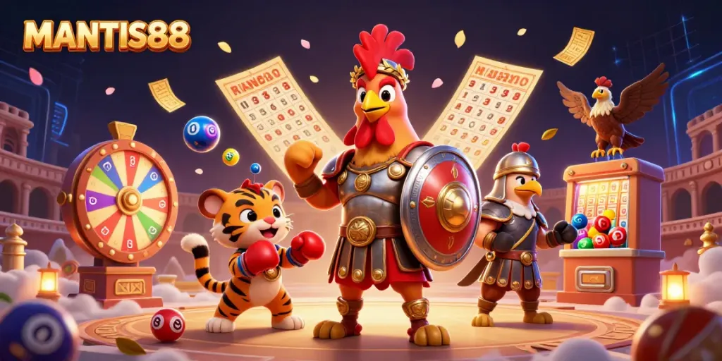 Experience the excitement of MANTIS88 with a 3D gladiator rooster and colorful lottery elements.
