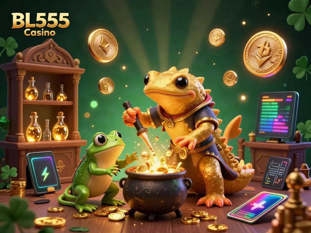 Experience the vibrant world of BL555 Casino with alchemist characters creating gold coins in this dynamic 3D illustration.