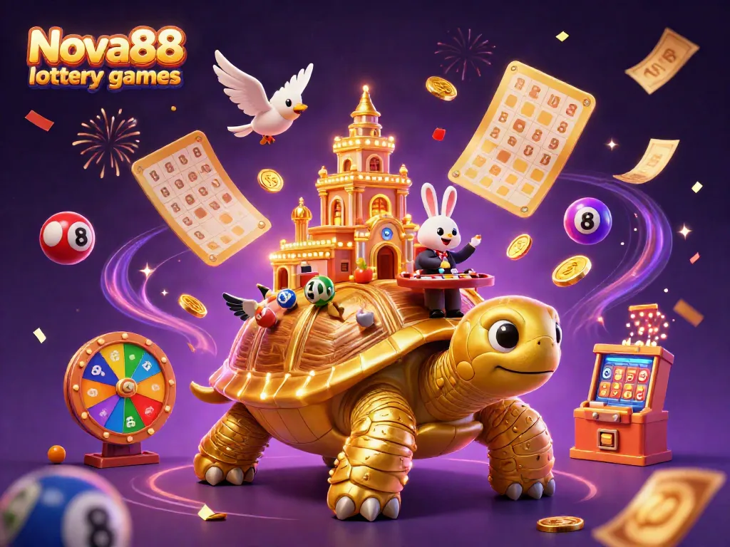 Experience the thrill of Nova88 lottery games with a vibrant 3D celebration of luck and winnings.