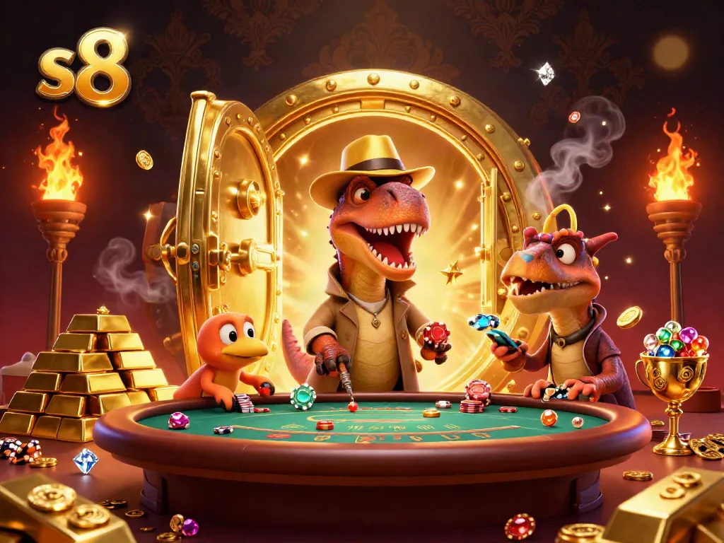 Experience thrilling gameplay at S8 with a cartoon velociraptor sneakily betting at a vibrant casino table amidst sparkling treasures.