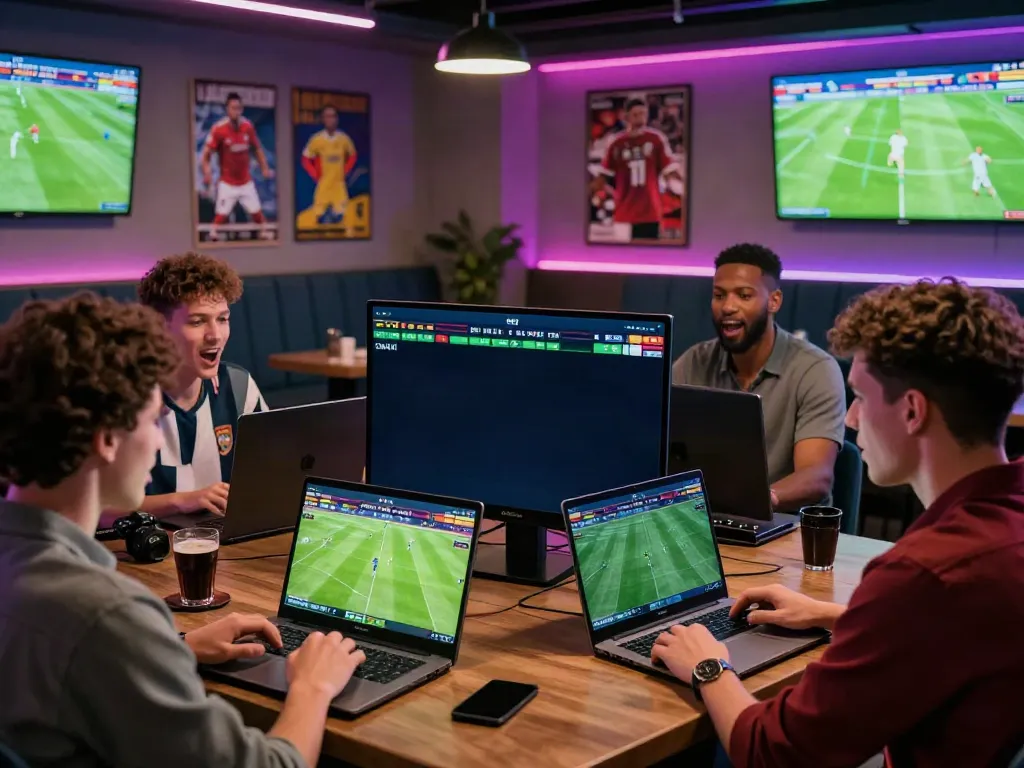 WWBOLA betting scene with bettors analyzing soccer matches and odds in an exciting lounge.