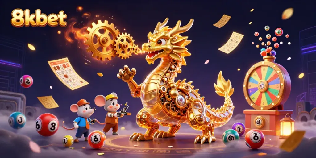 Engage in thrilling experiences at 8kbet featuring a golden dragon, lottery elements, and dynamic casino visuals.