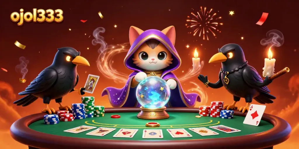 Engage in the excitement of ojol333 with a vibrant 3D illustration showcasing fortune teller cat and glowing raven amidst casino elements.
