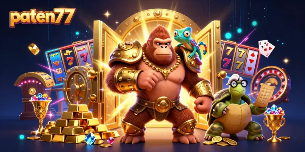 Engage with vibrant paten77 casino action, showcasing a dynamic scene filled with treasures and gaming elements.