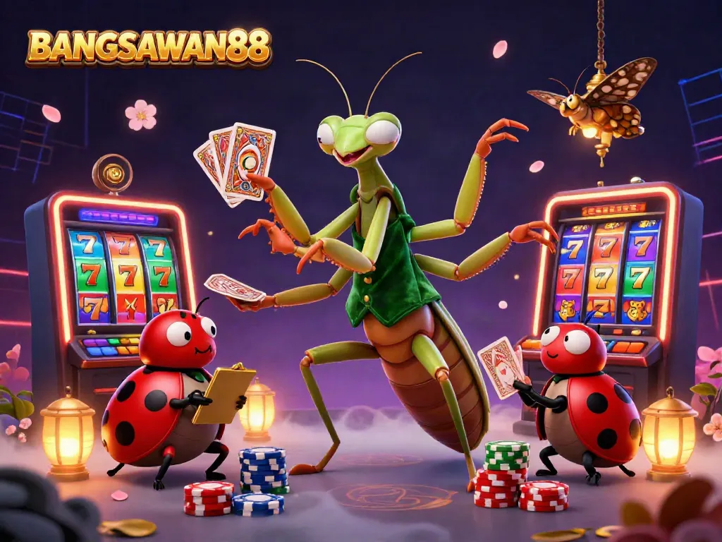 BANGSAWAN88 showcases a vibrant 3D cartoon scene of a giant mantis card sharp and ladybug pit boss, surrounded by dynamic slot game elements.