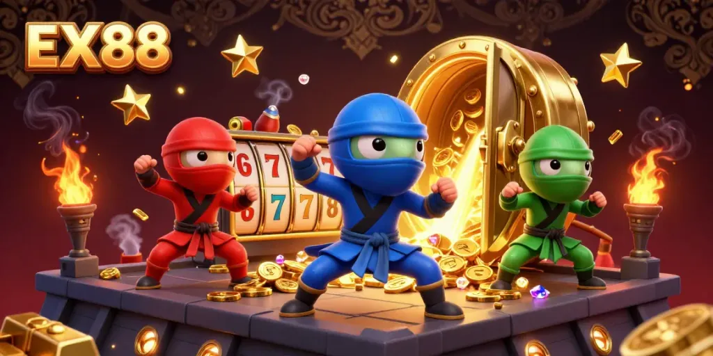 Experience the thrill of EX88 with ninja chameleons in a vibrant casino scene, showcasing slot reels and treasure.