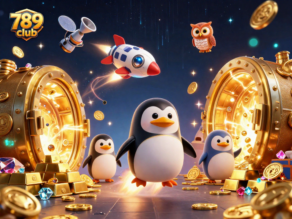 Engage with the exciting world of 789 club showcasing a cartoon penguin in a dynamic casino-themed space scene.