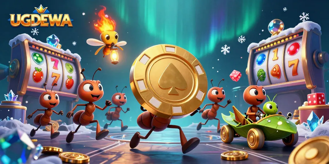 UGDEWA showcases a cartoon heist scene with ants carrying a massive poker chip among vibrant casino elements.