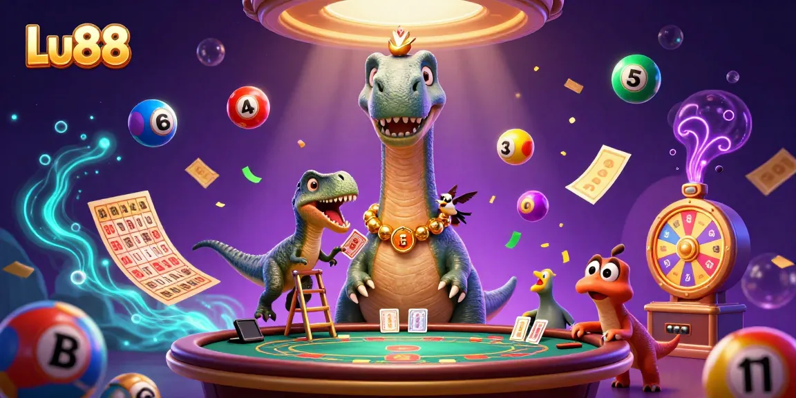 Lu88 features a giant brontosaurus with a clever raptor dealing cards in a vibrant 3D casino scene.