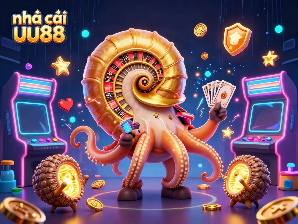 Engaging gaming scene with nhà cái uu88 elements featuring a giant nautilus and colorful arcade machines.