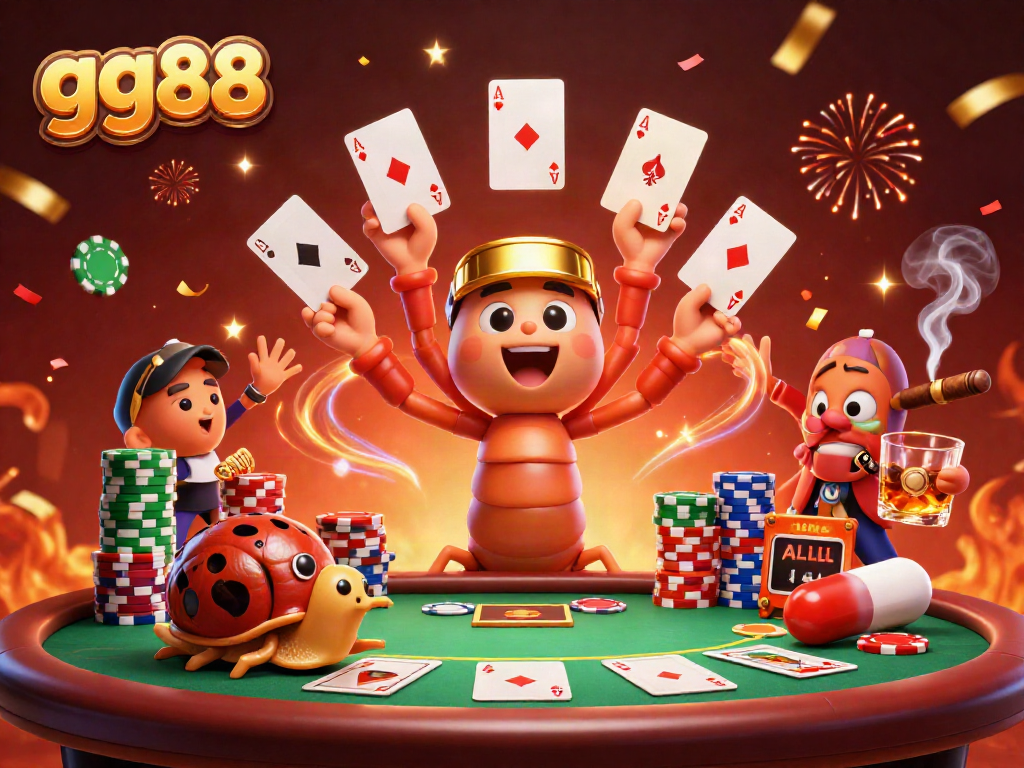 Experience thrilling poker action with a vibrant gg88-themed illustration showcasing colorful characters and elements.