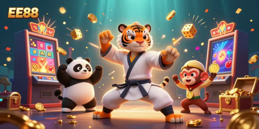 Experience winning moments with EE88 in a lively 3D casino scene featuring vibrant characters and games.
