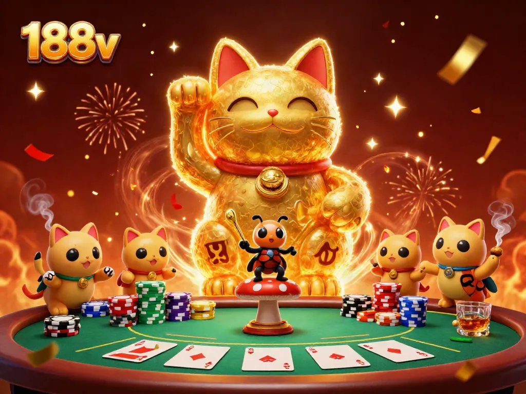 Experience the energy of 188v with a golden lucky cat and poker chips in a vibrant casino scene.