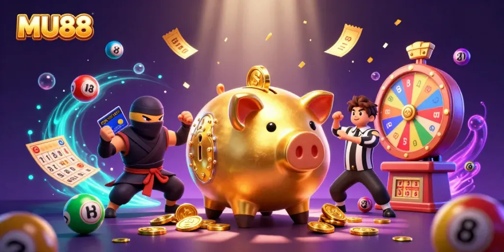 Experience excitement at MU88 with golden coins raining down in a vibrant casino scene.