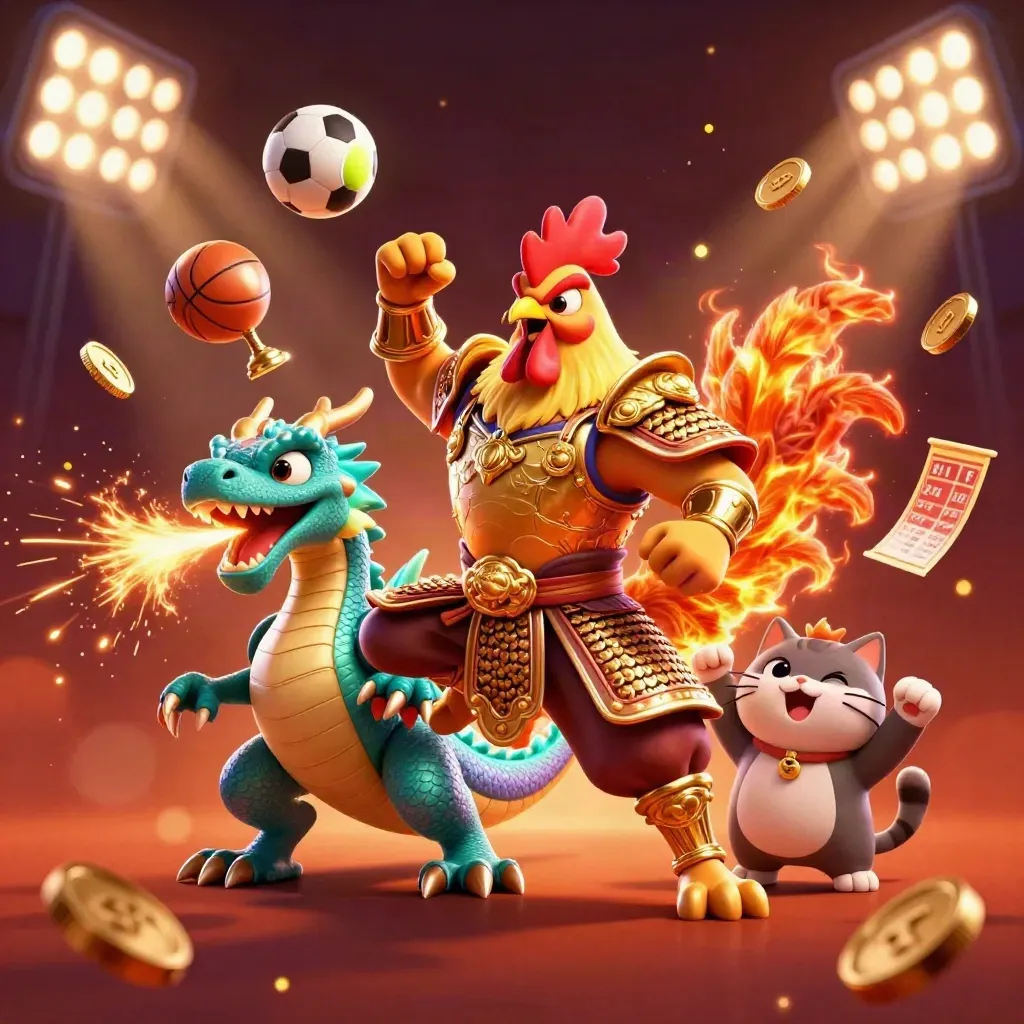 Rooster warrior, dragon hatchling, and fortune cat amid sports balls, trophy, coins, and neon casino effects.